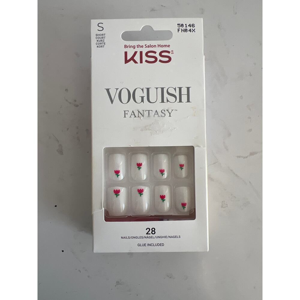 KISS VOGUISH FANTASY GEL NAILS WHITE PINK GREEN TULIPS SHORT LENGTH BRAND NEW